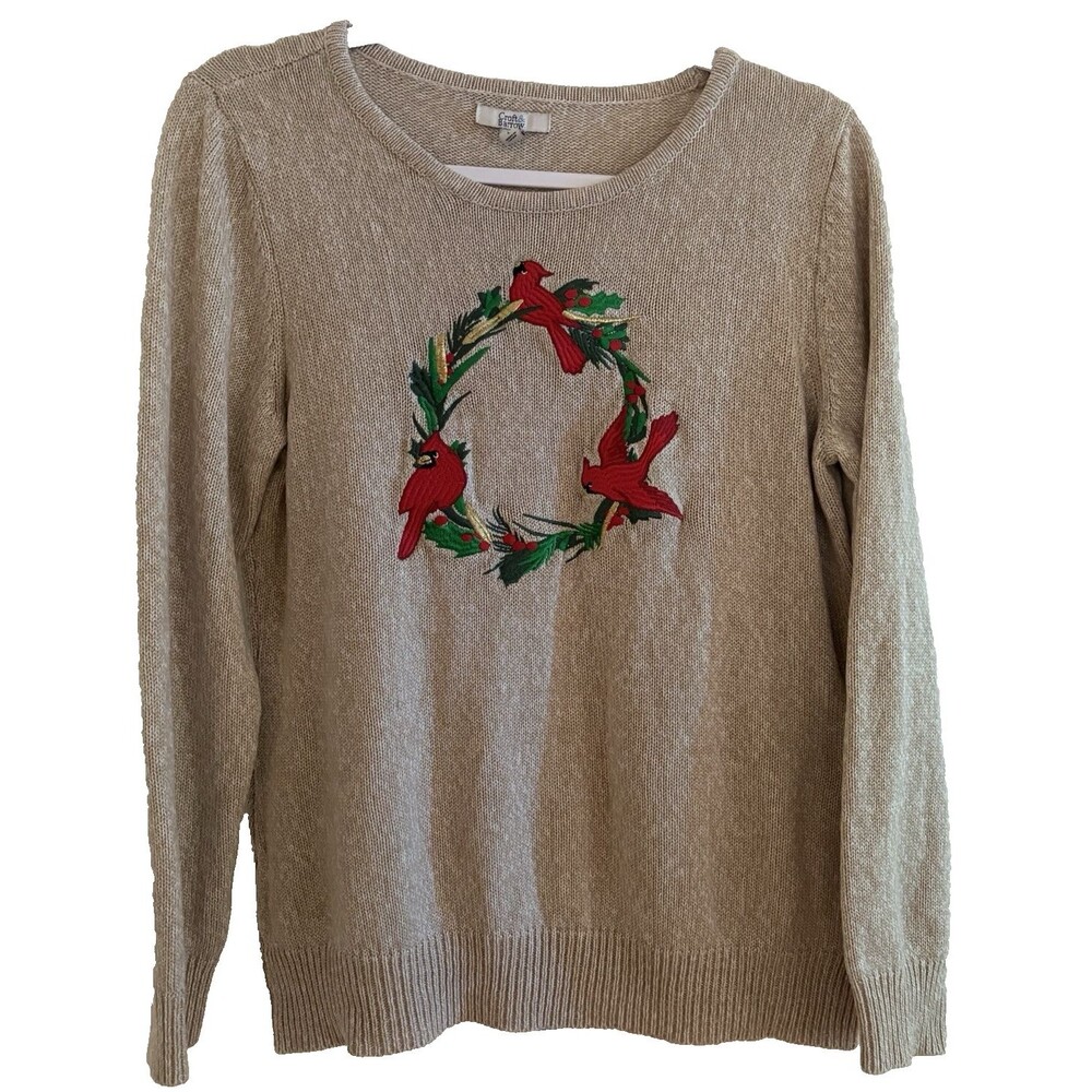 Croft & Barrow Sweater Womens Large Christmas Cardinal Embroidered Metallic Knit